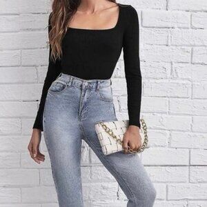 SHEIN Black Ribbed Long Sleeve Square Neck Top Size Small EUC